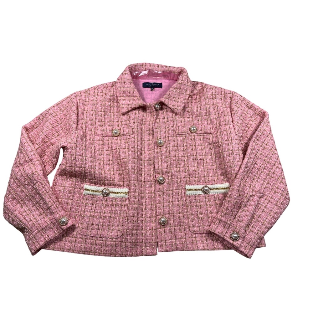Simply Southern Pink Tweed Jacket XL Pearl Button Gold Metallic Boucle Blazer